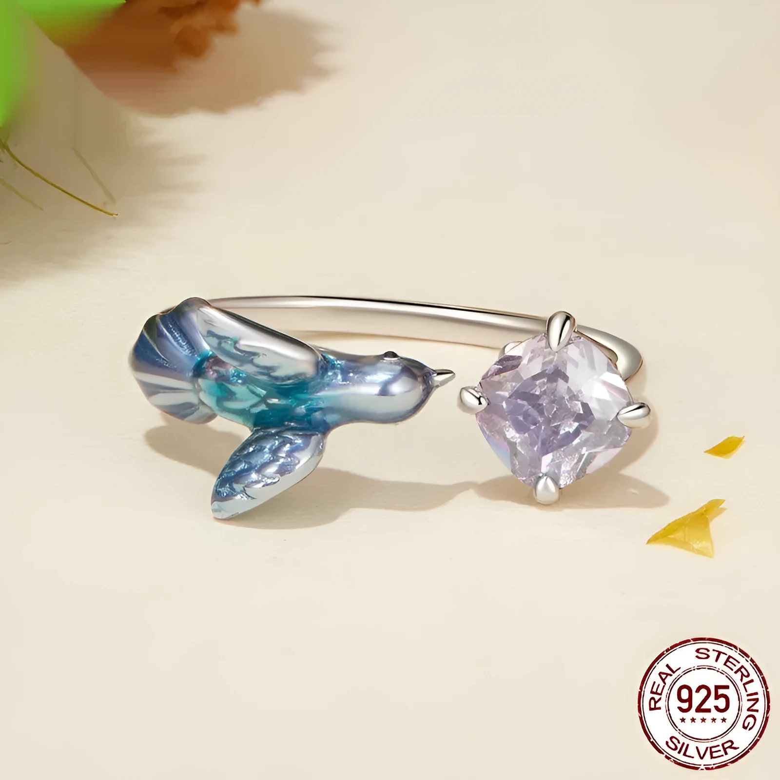Gradient kingfisher sterling silver adjustable opening ring for women with bird motif