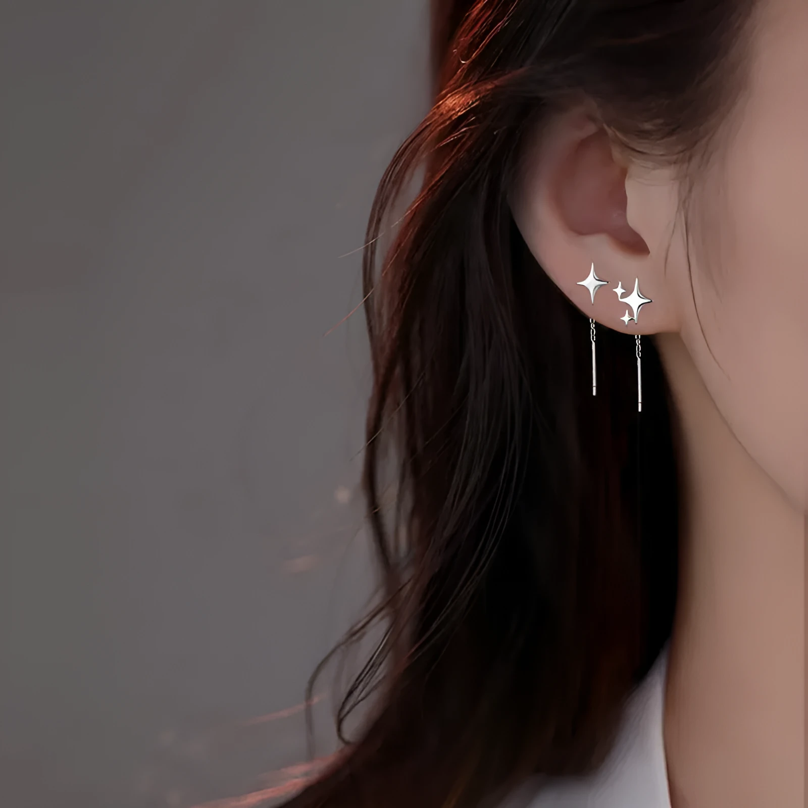 Asymmetric four eight-pointed stars hanging drop earrings for women in copper alloy