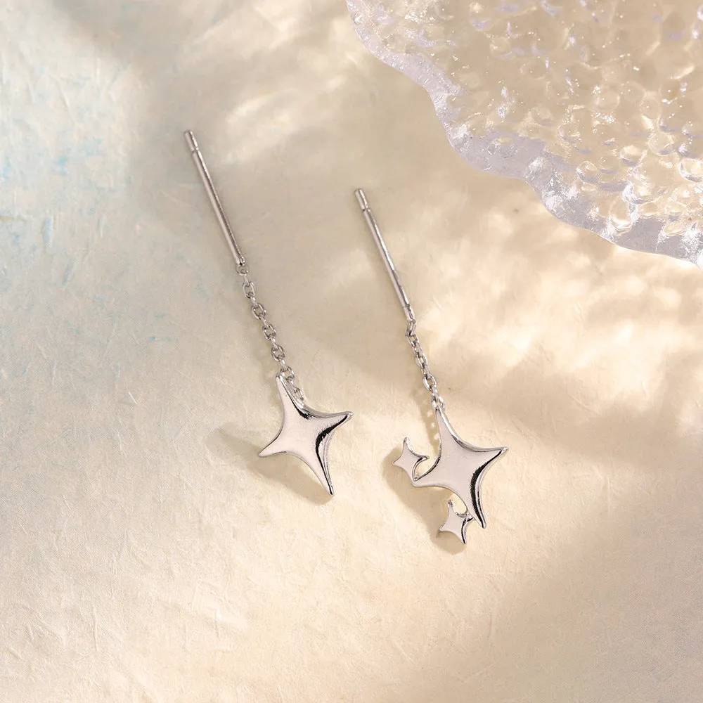 Asymmetric four eight-pointed stars hanging drop earrings for women in copper alloy