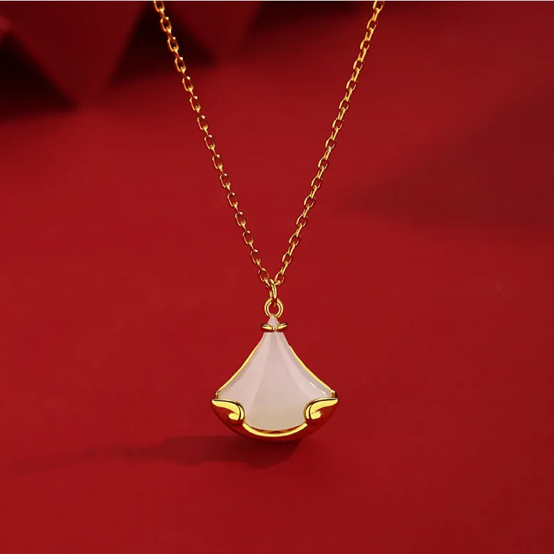 S925 sterling silver Hetian jade skirt pendant necklace on display with 40cm chain