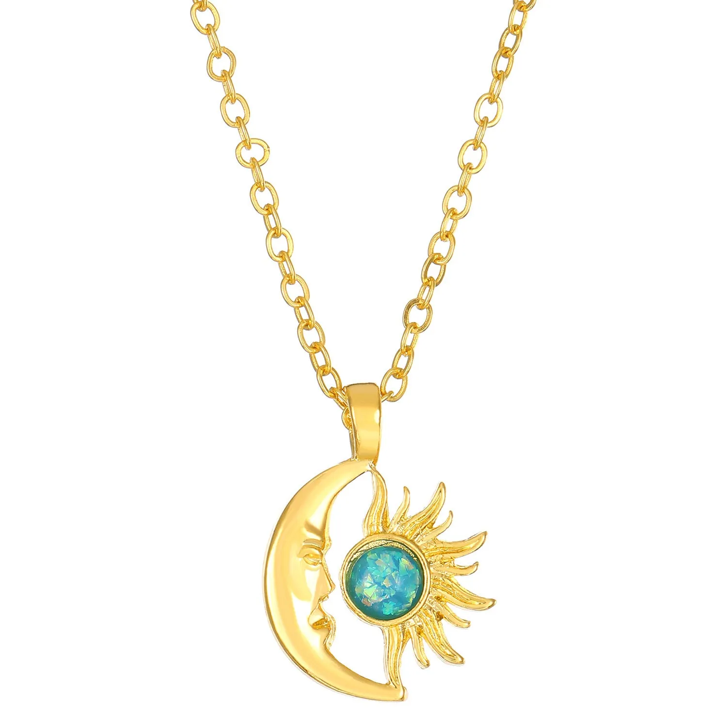Alloy sun moon geometric pendant necklace on adjustable chain, gold electroplated finish