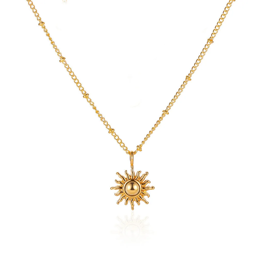 Alloy sun moon geometric pendant necklace on adjustable chain, gold electroplated finish