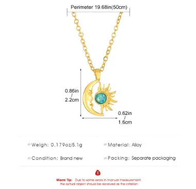 Alloy sun moon geometric pendant necklace on adjustable chain, gold electroplated finish