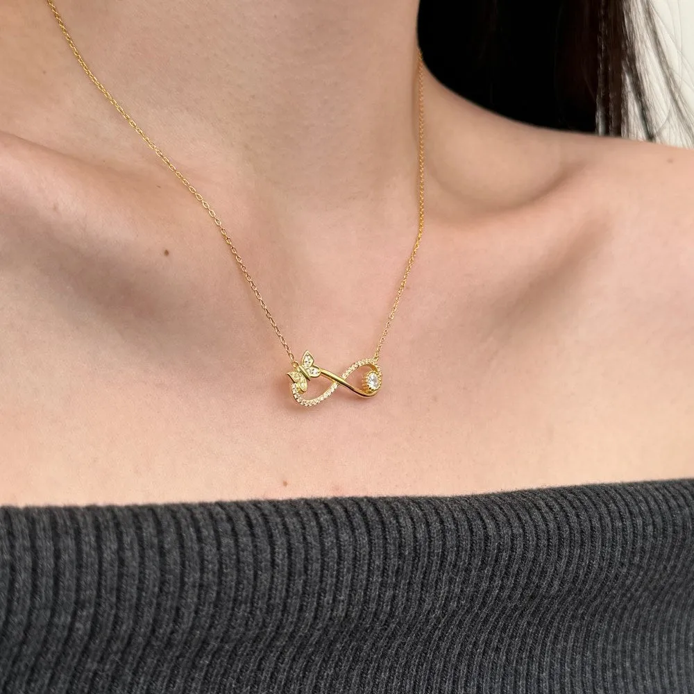 925 silver clavicle chain with mobius bow butterfly pendant set with zircon stones, platinum electroplated finish
