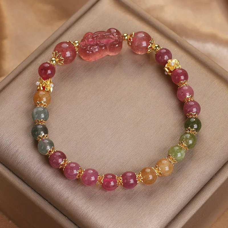 Women's strawberry quartz and pink tourmaline bracelet with electroplated metal chain, 17 cm length