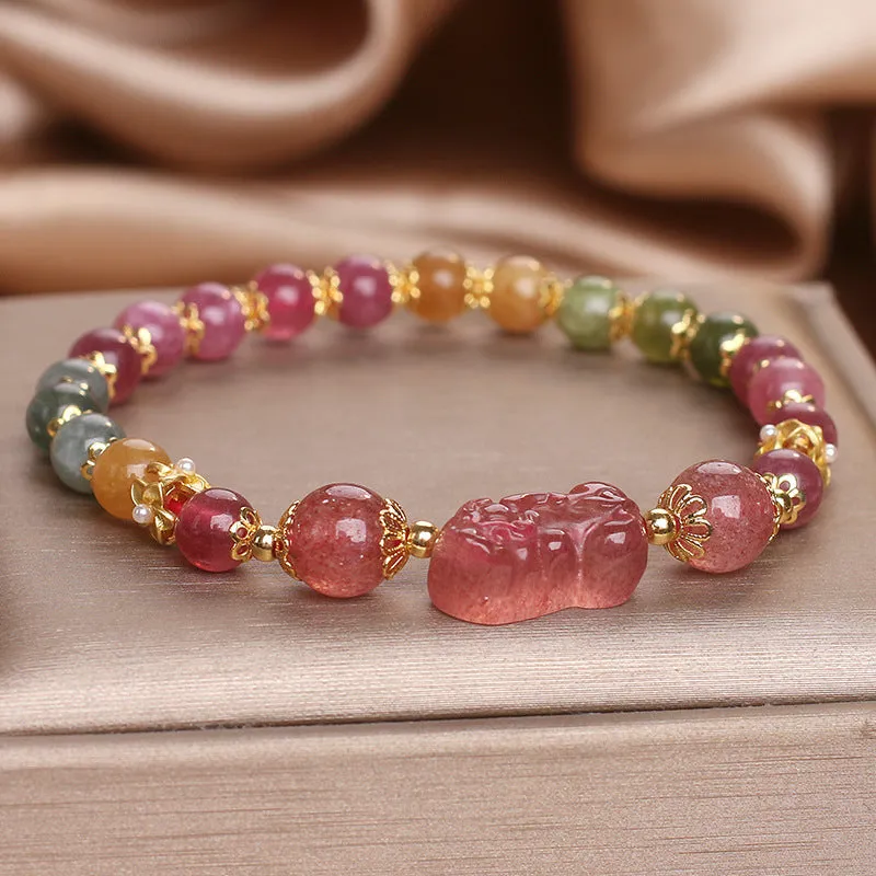 Women's strawberry quartz and pink tourmaline bracelet with electroplated metal chain, 17 cm length