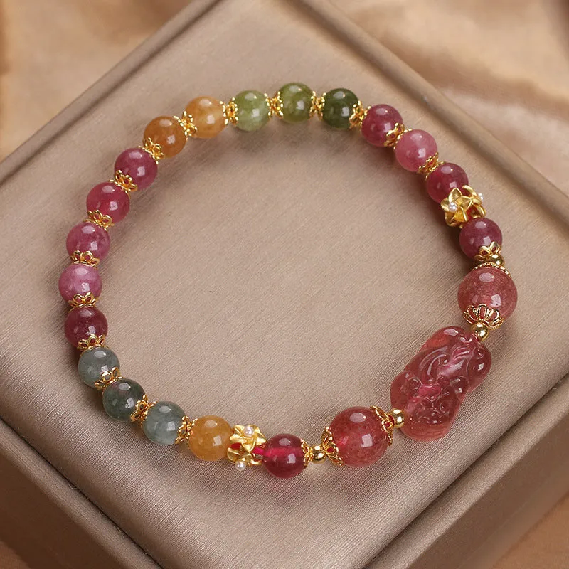 Women's strawberry quartz and pink tourmaline bracelet with electroplated metal chain, 17 cm length