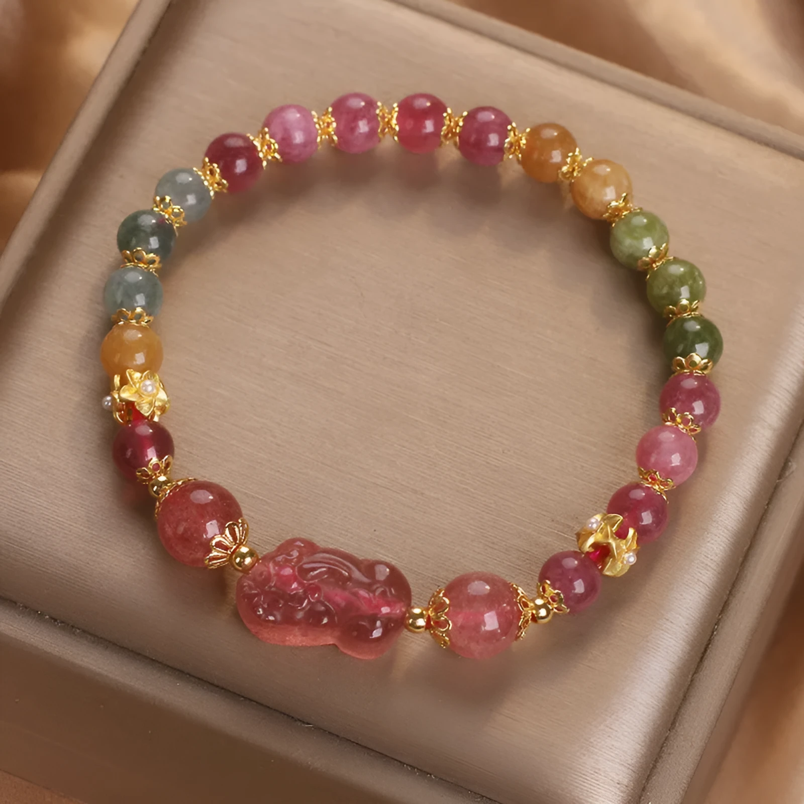 Women's strawberry quartz and pink tourmaline bracelet with electroplated metal chain, 17 cm length