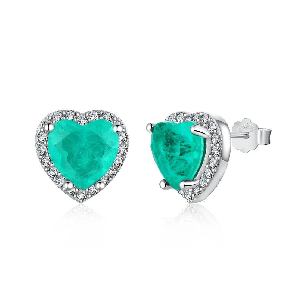 Green platinum 925 silver heart stud earrings on white background