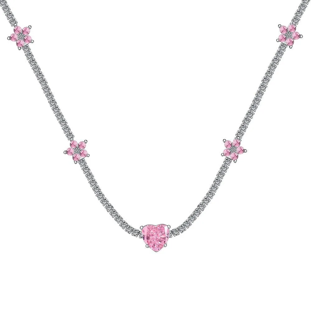 Women's 925 sterling silver tennis necklace with heart-shaped pendant and electroplated finish