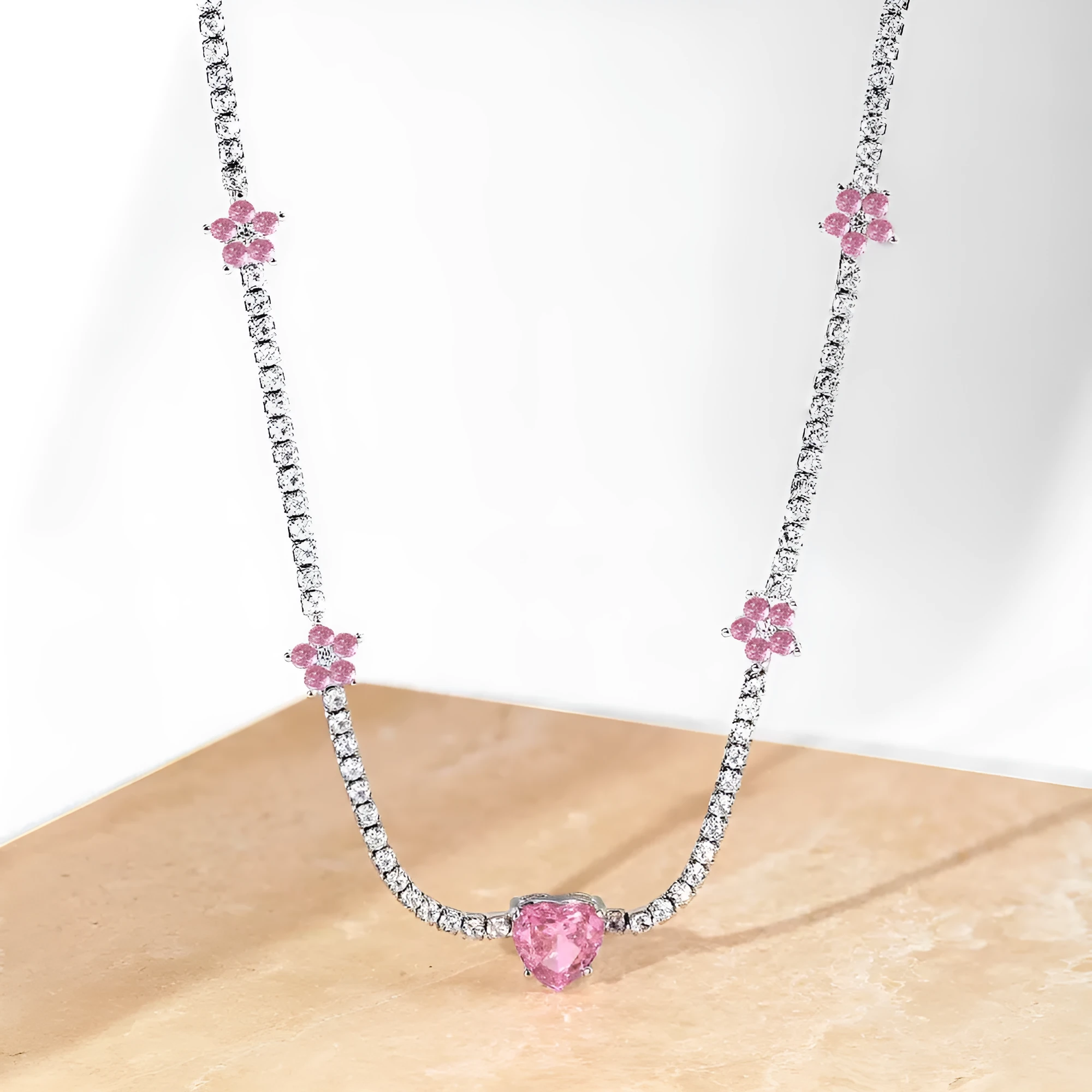 Women's 925 sterling silver tennis necklace with heart-shaped pendant and electroplated finish