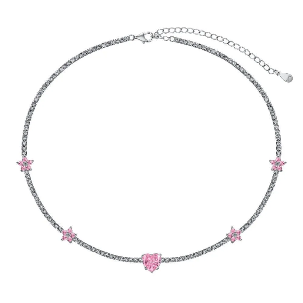 Women's 925 sterling silver tennis necklace with heart-shaped pendant and electroplated finish