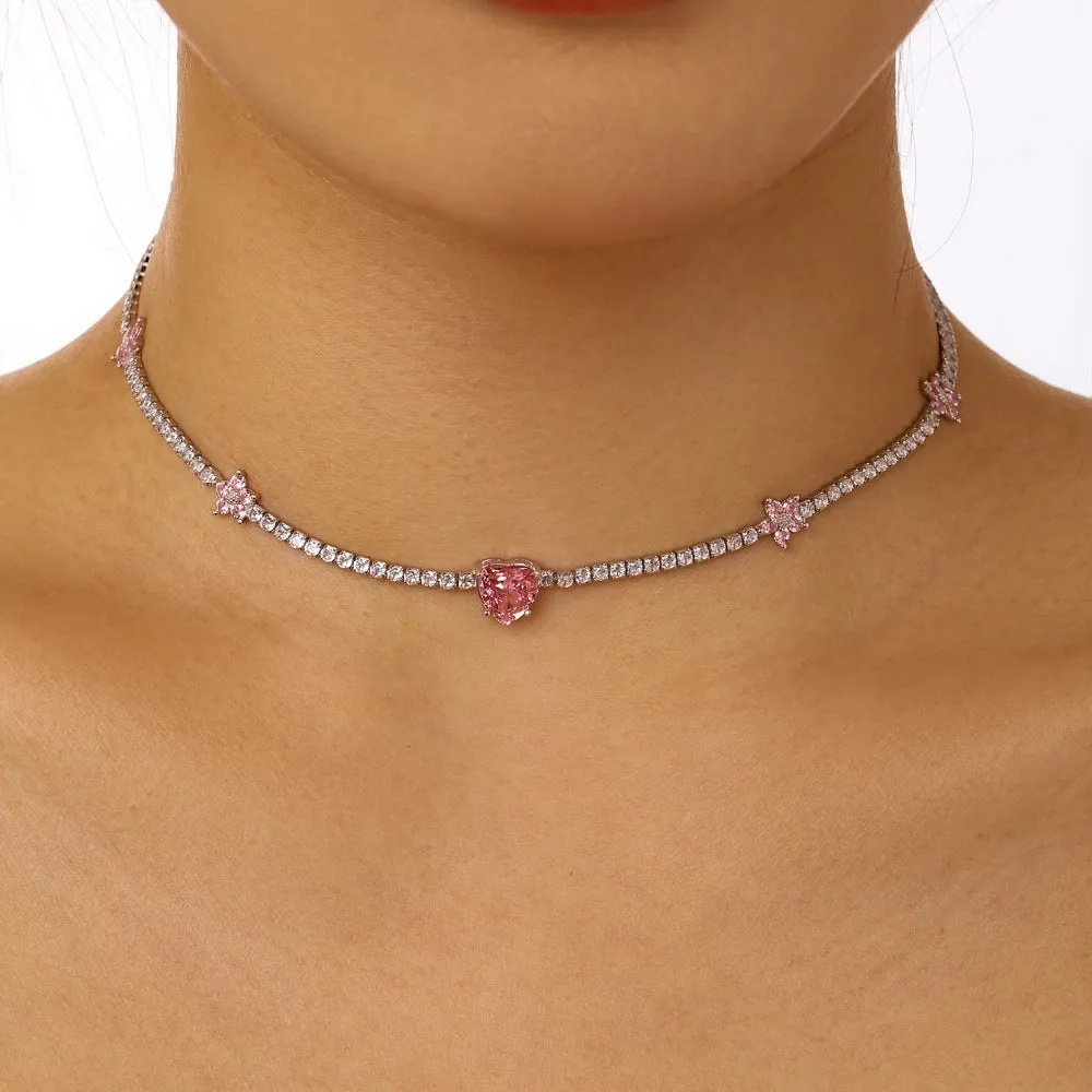 Women's 925 sterling silver tennis necklace with heart-shaped pendant and electroplated finish
