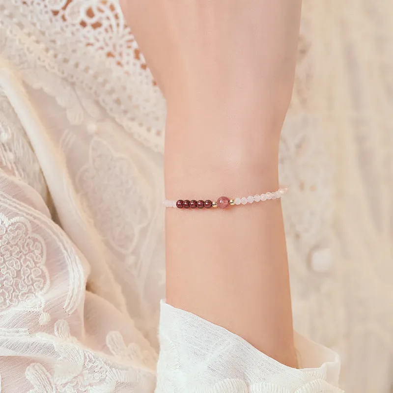 Handmade pink strawberry quartz crystal bracelet in 14cm, 15cm or 16cm sizes with animal or zodiac design