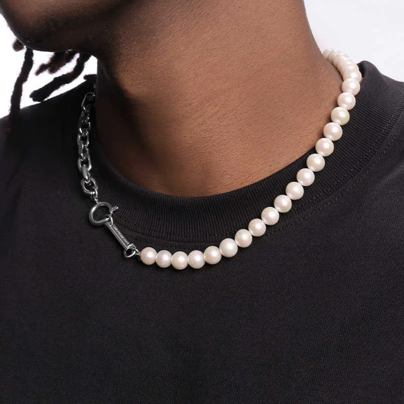 Unisex natural pearl necklace with titanium steel, white pearls 8mm width, 45cm or 50cm length