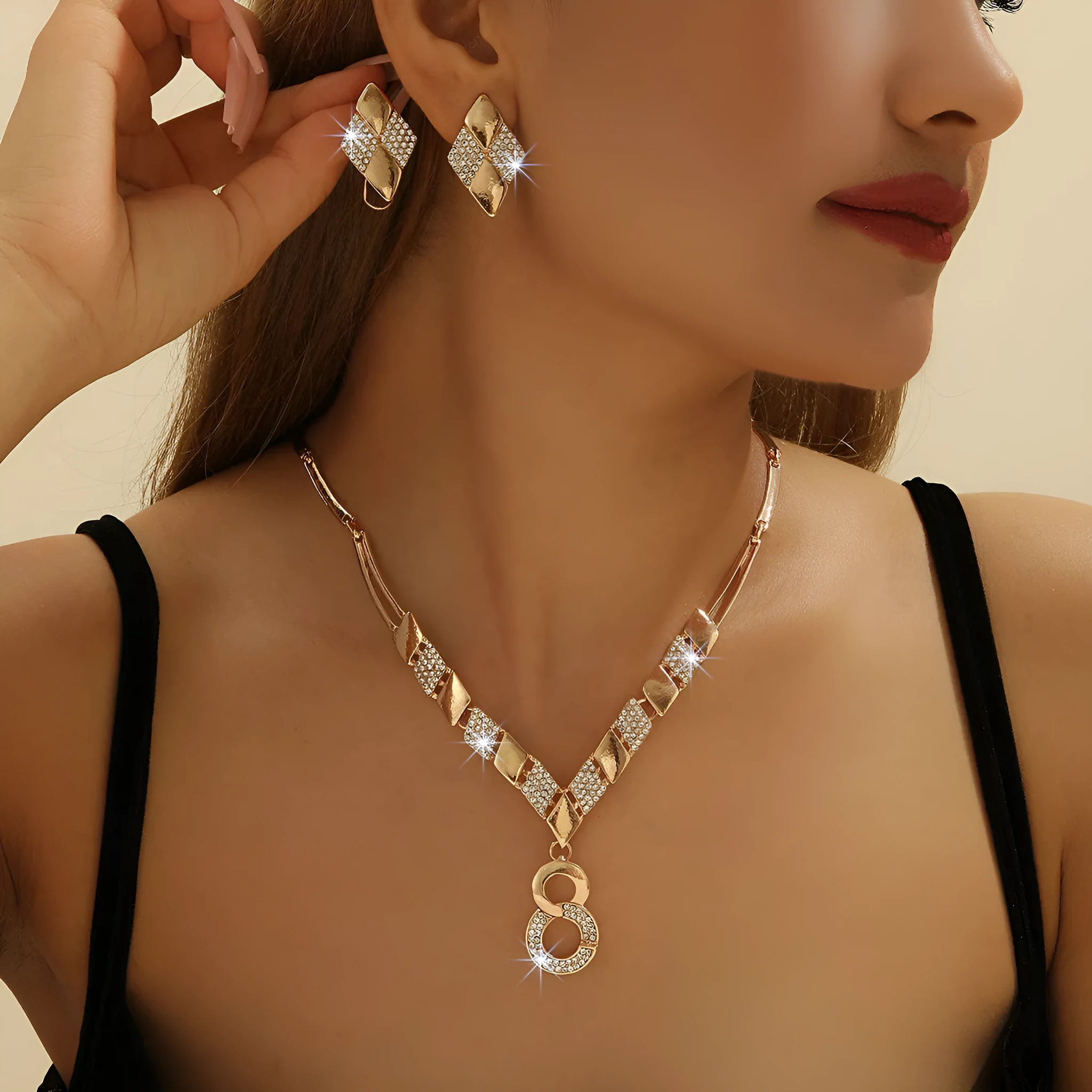 Gold electroplated zinc alloy necklace and earrings set for women
