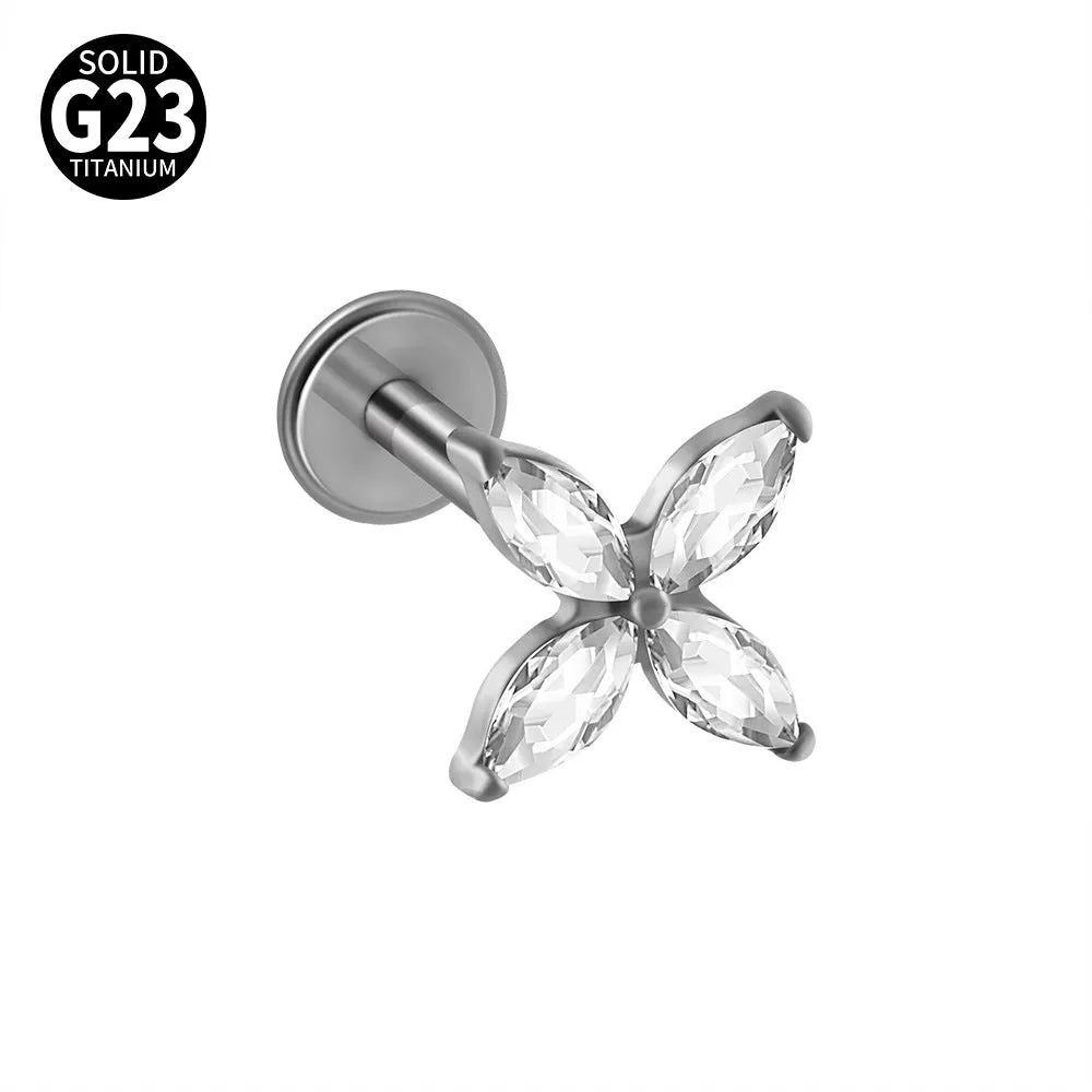 G23 titanium stud earrings with cherry zircon butterfly flower design, 1.2x8mm, gold electroplated finish