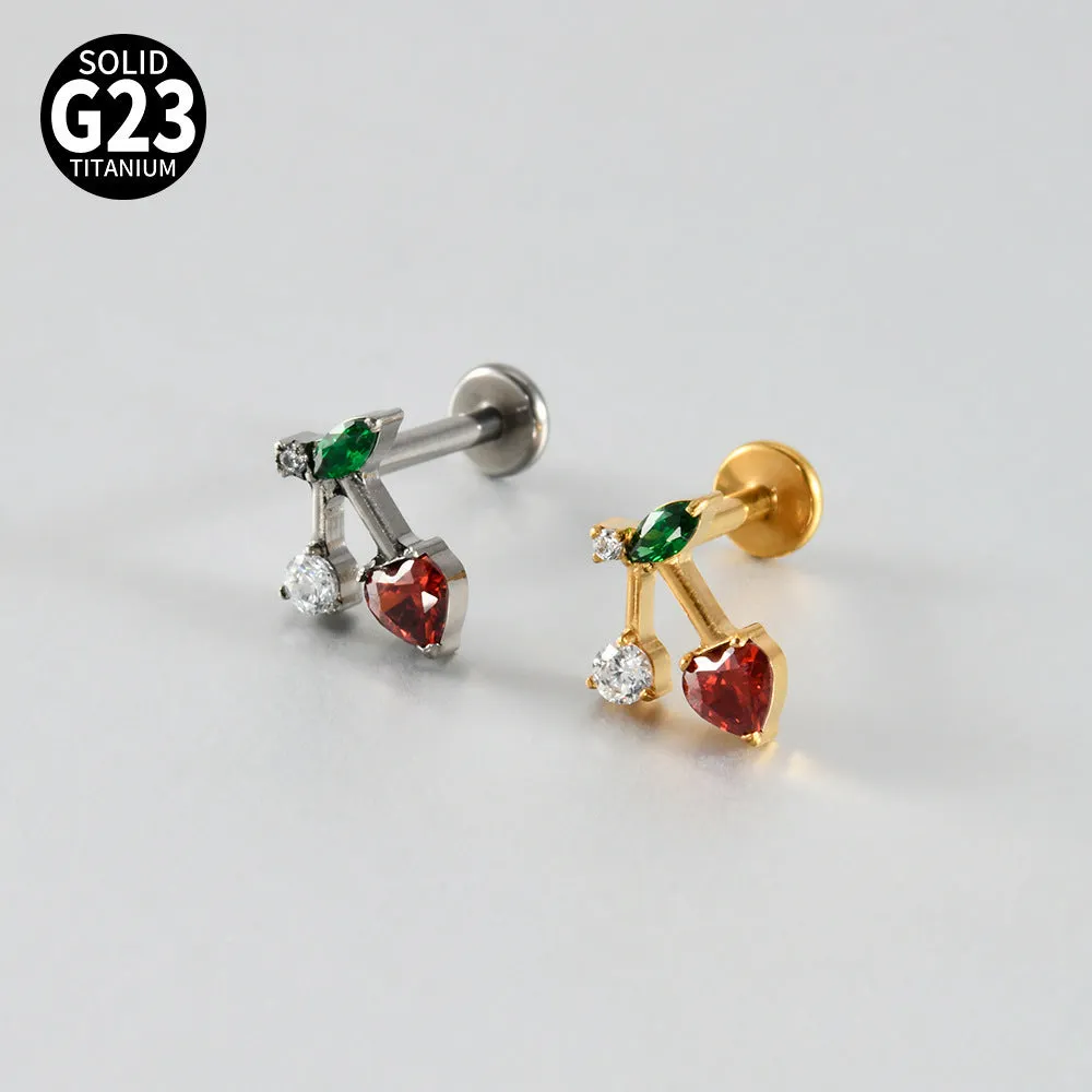 G23 titanium stud earrings with cherry zircon butterfly flower design, 1.2x8mm, gold electroplated finish