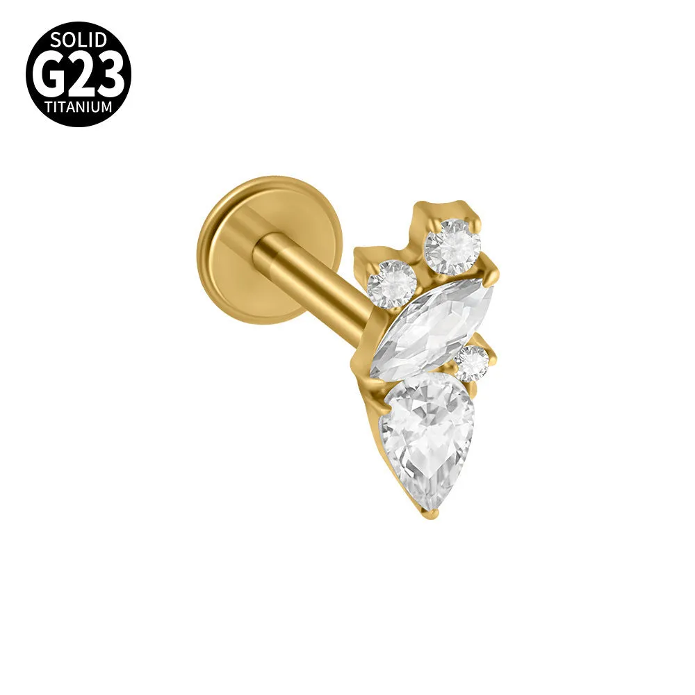 G23 titanium stud earrings with cherry zircon butterfly flower design, 1.2x8mm, gold electroplated finish