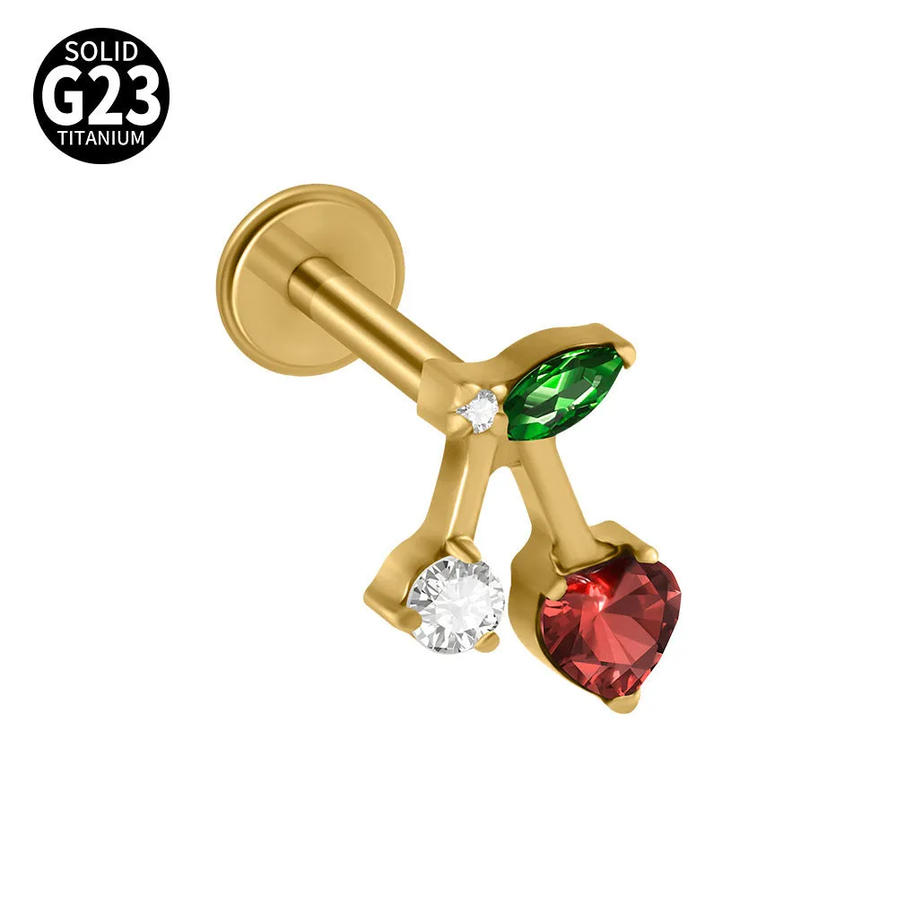 G23 titanium stud earrings with cherry zircon butterfly flower design, 1.2x8mm, gold electroplated finish