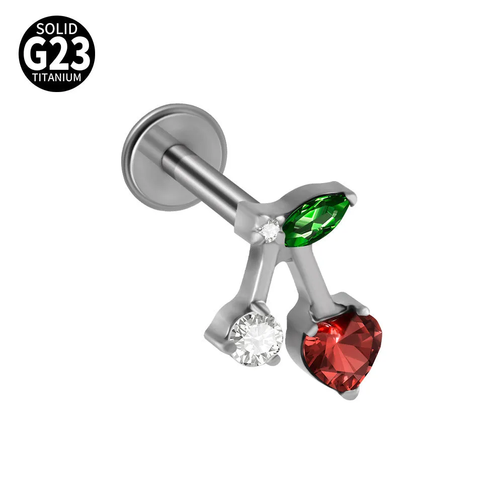 G23 titanium stud earrings with cherry zircon butterfly flower design, 1.2x8mm, gold electroplated finish