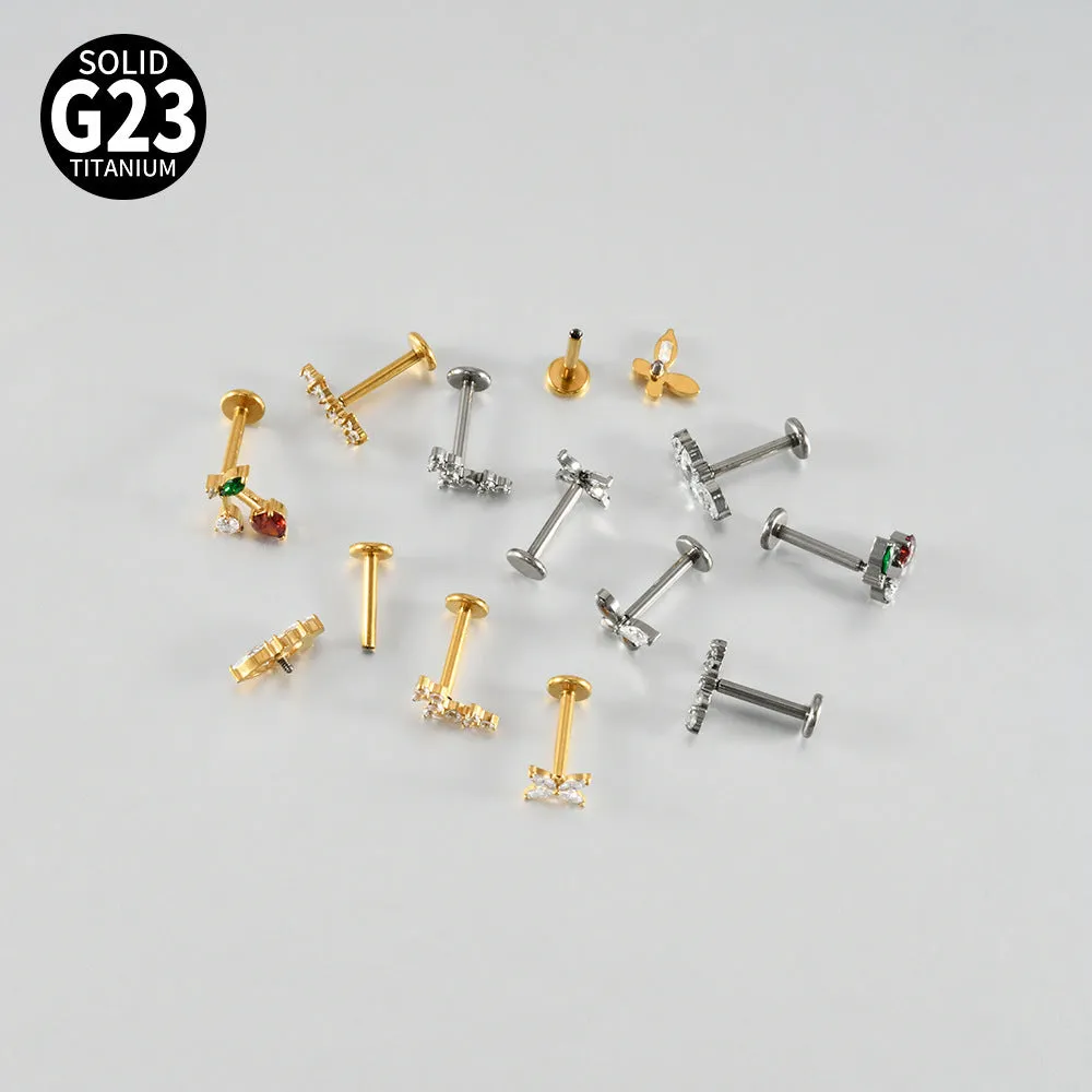 G23 titanium stud earrings with cherry zircon butterfly flower design, 1.2x8mm, gold electroplated finish