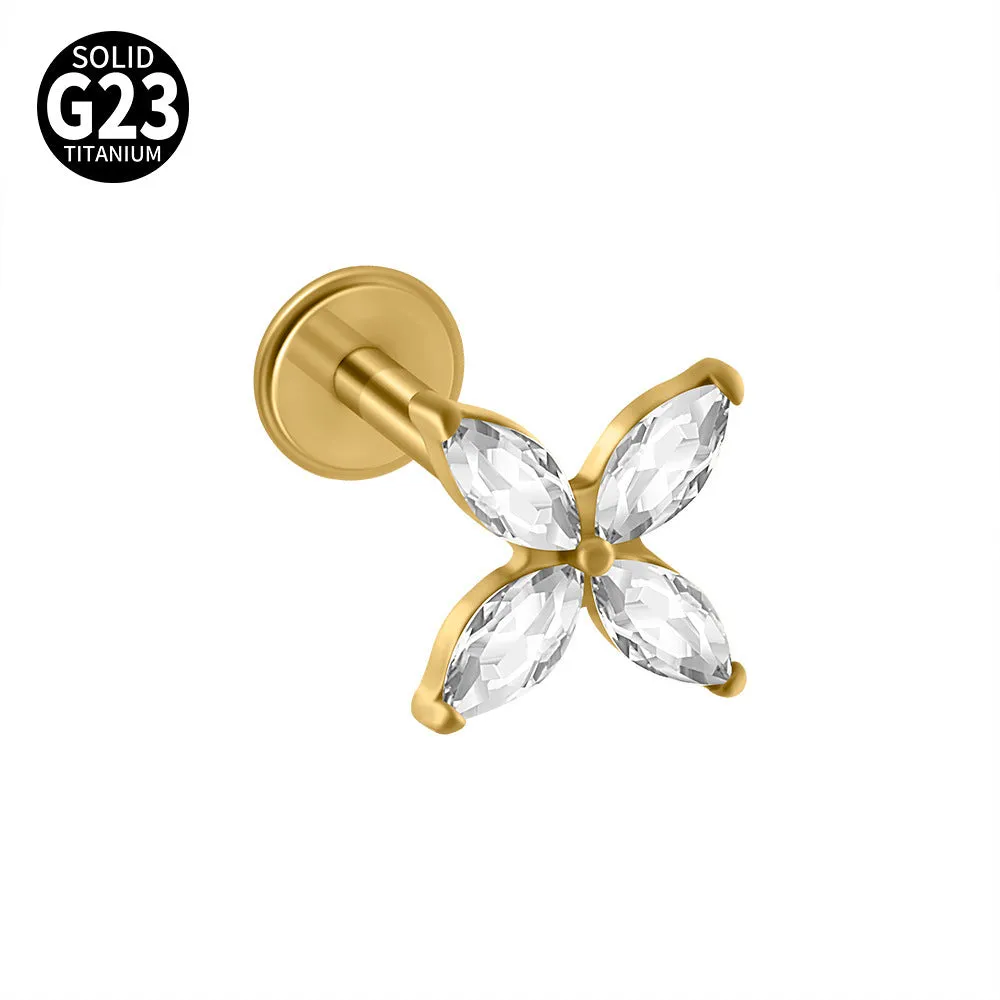 G23 titanium stud earrings with cherry zircon butterfly flower design, 1.2x8mm, gold electroplated finish
