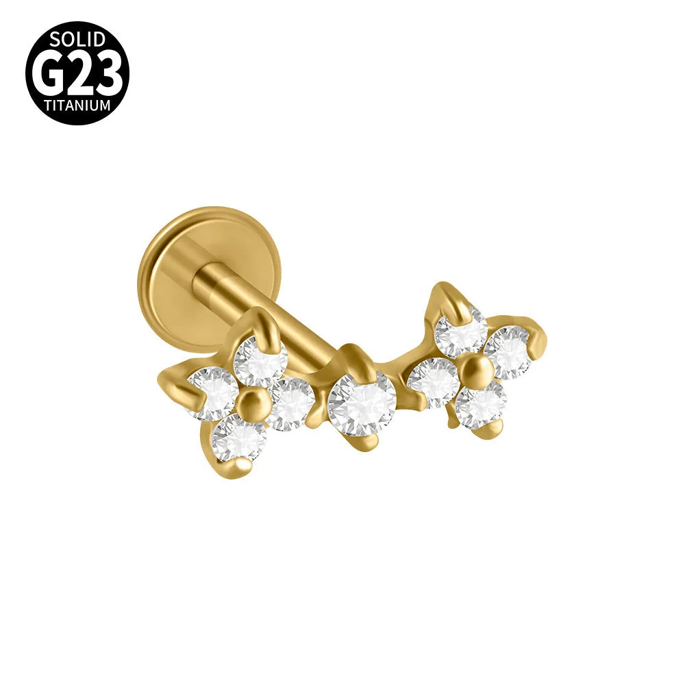 G23 titanium stud earrings with cherry zircon butterfly flower design, 1.2x8mm, gold electroplated finish