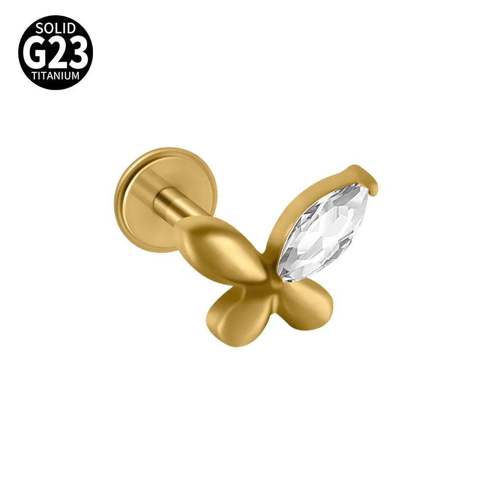 G23 titanium stud earrings with cherry zircon butterfly flower design, 1.2x8mm, gold electroplated finish