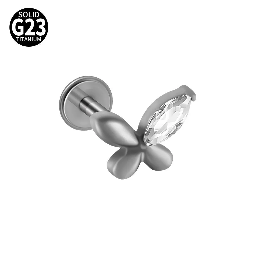 G23 titanium stud earrings with cherry zircon butterfly flower design, 1.2x8mm, gold electroplated finish