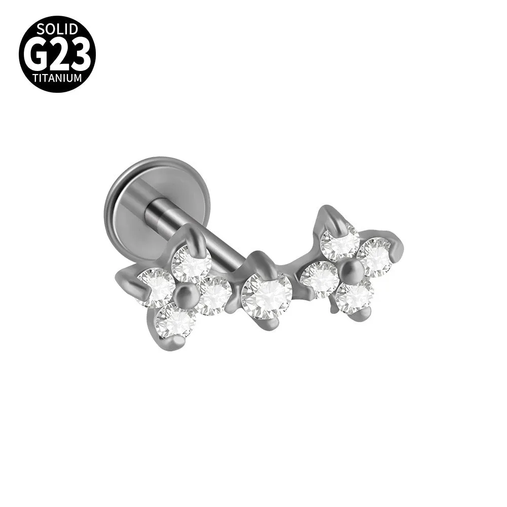 G23 titanium stud earrings with cherry zircon butterfly flower design, 1.2x8mm, gold electroplated finish