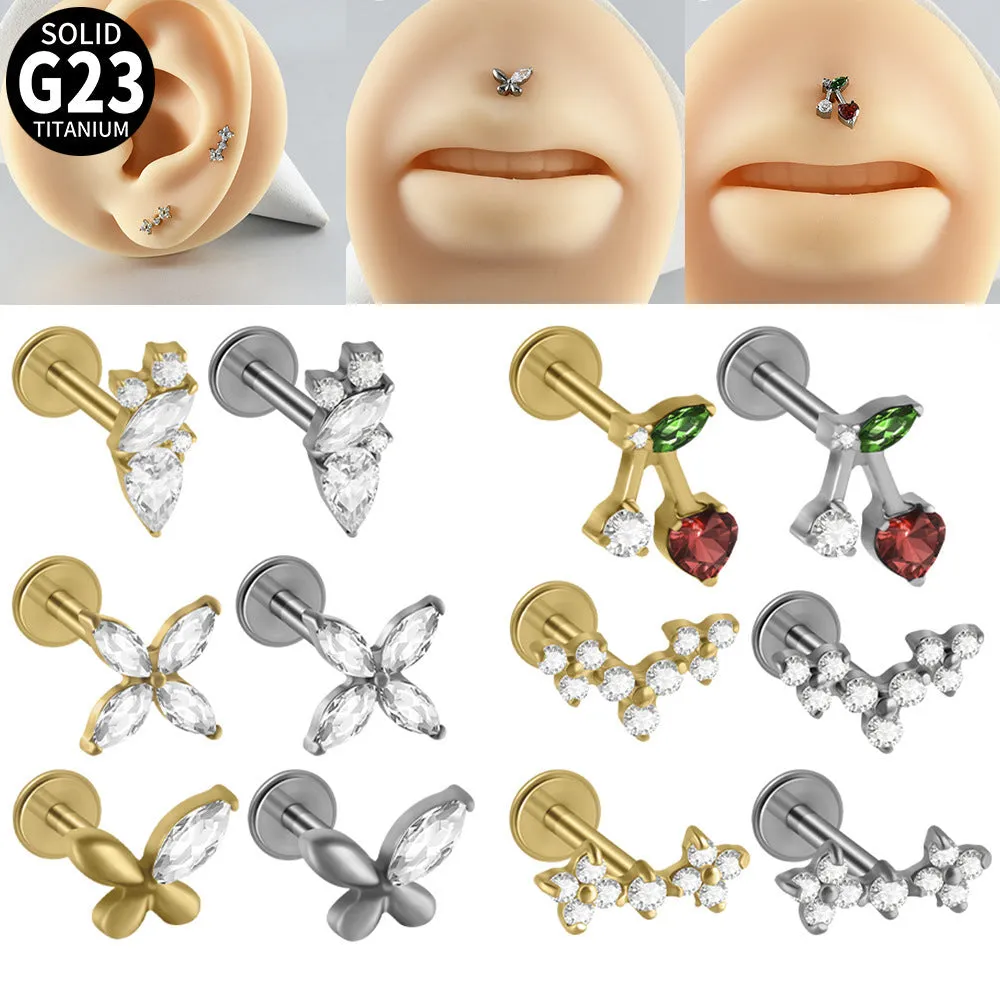 G23 titanium stud earrings with cherry zircon butterfly flower design, 1.2x8mm, gold electroplated finish