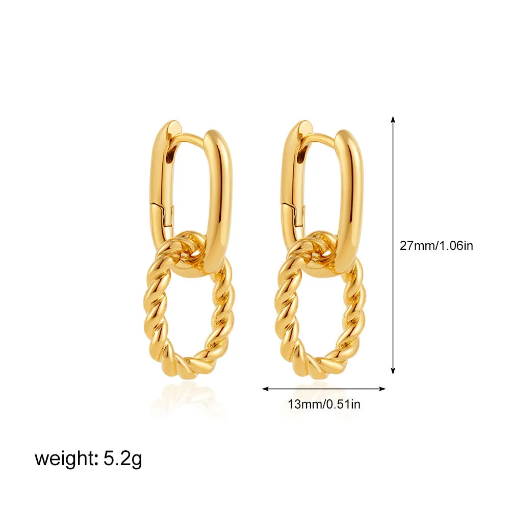 Double ring twist geometric square ear clip simple copper earrings on a neutral background