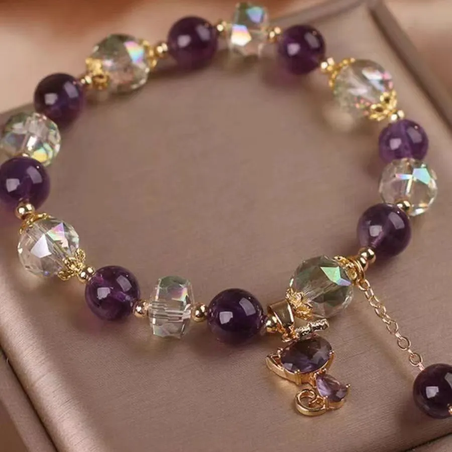 Women's antique style crystal bracelet with purple amethyst fox pendant and five-leaf flower charm.
