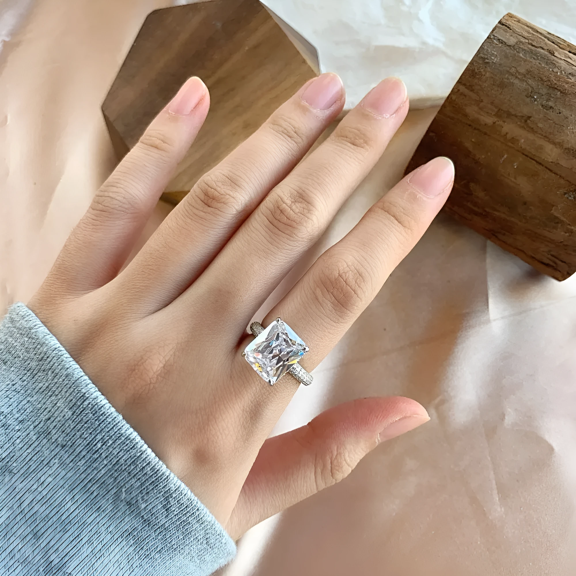 S925 sterling silver ring square candy geometric shape platinum colour for women US sizes 5-9