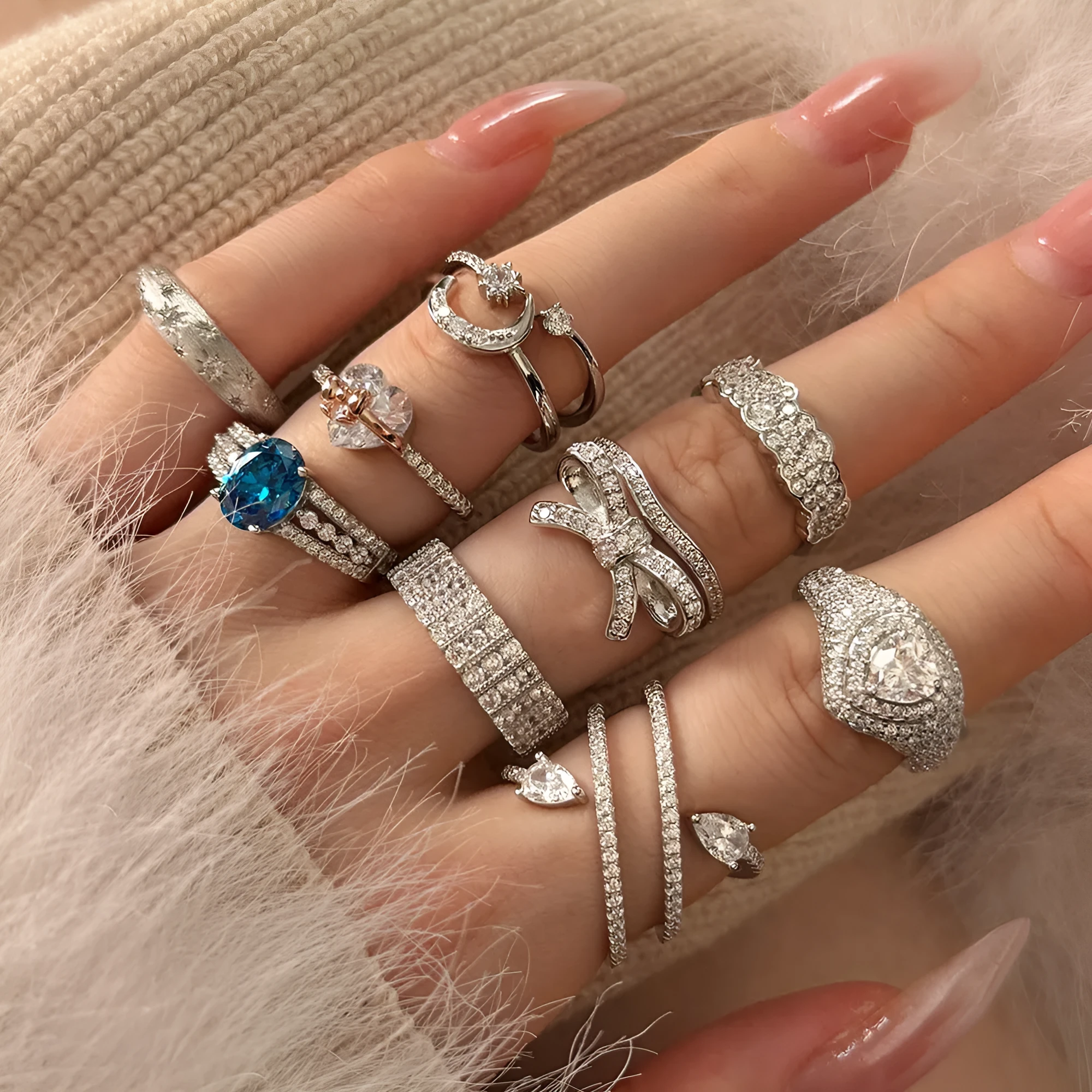 S925 sterling silver ring for women with bow and love-heart design, platinum finish, size No. 7