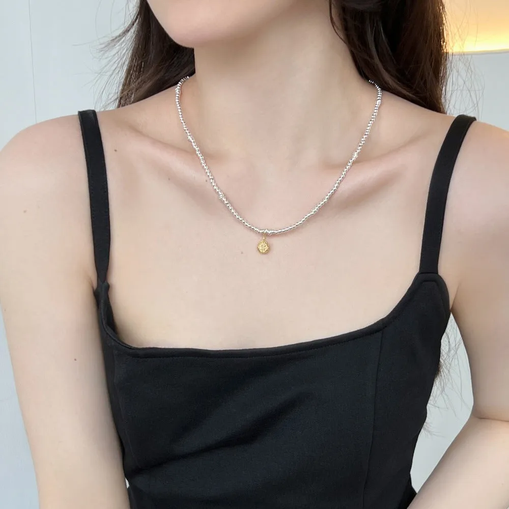 925 sterling silver flower pendant necklace with adjustable ball bead chain for women on white background