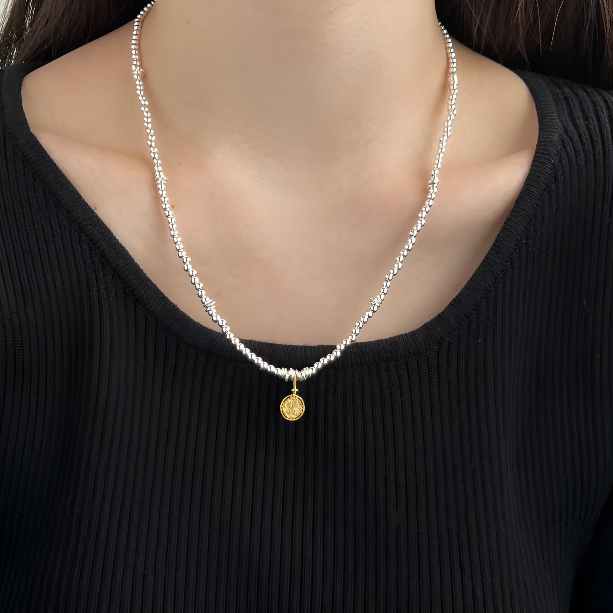 925 sterling silver flower pendant necklace with adjustable ball bead chain for women on white background