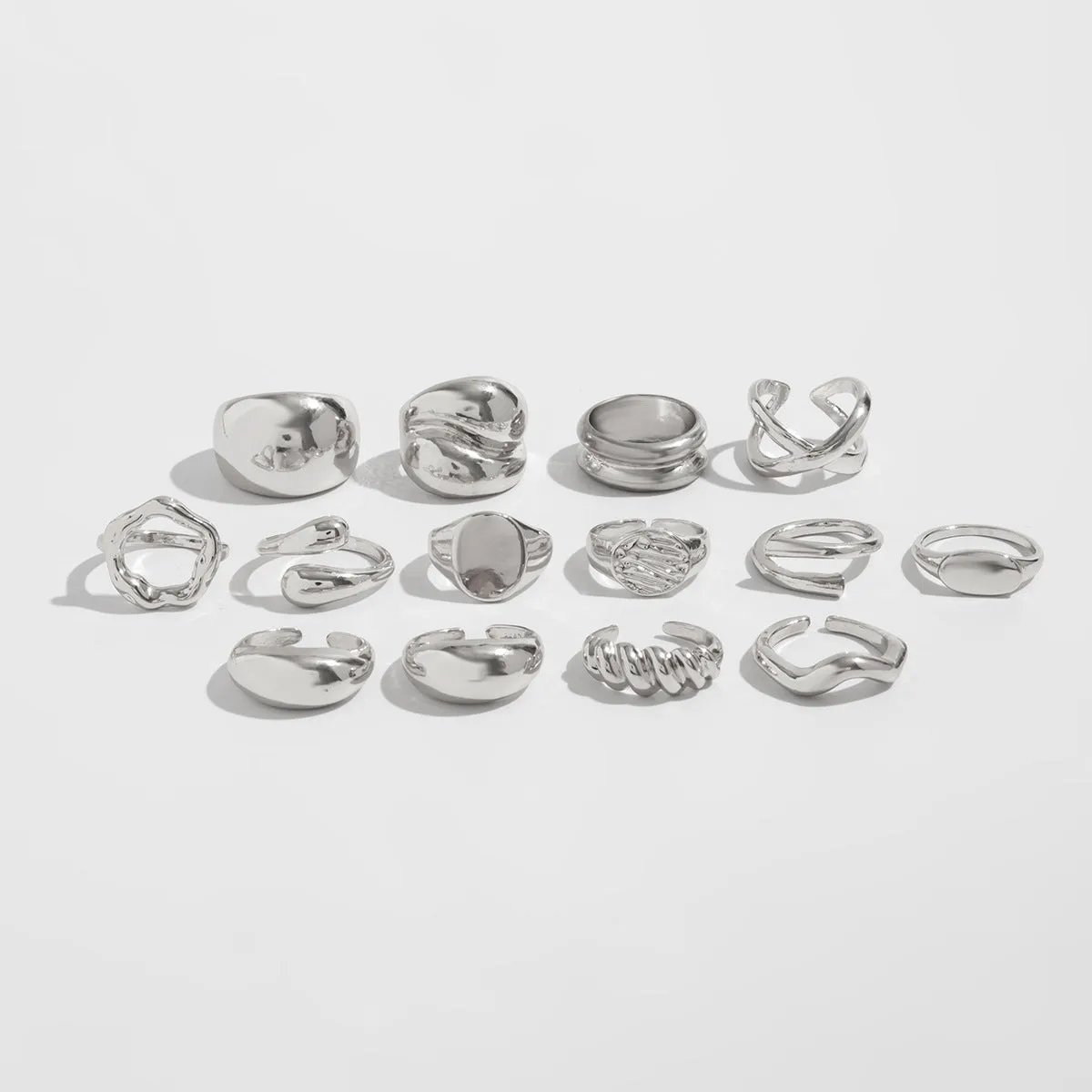 Set of 14 gold and white K geometric irregular alloy rings with open mouth adjustable design