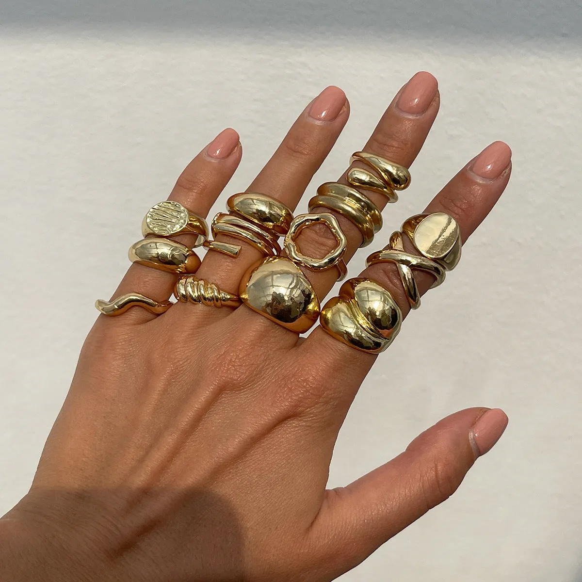 Set of 14 gold and white K geometric irregular alloy rings with open mouth adjustable design