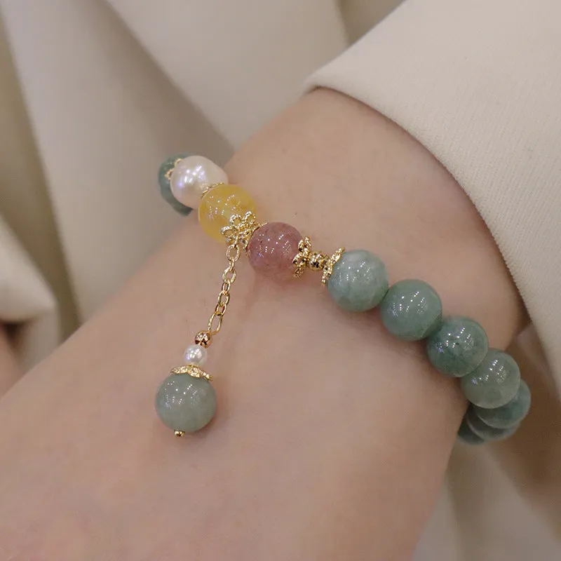 Myanmar jade geometric bead bracelet with pearl accents and three-dimensional Han-style decoration