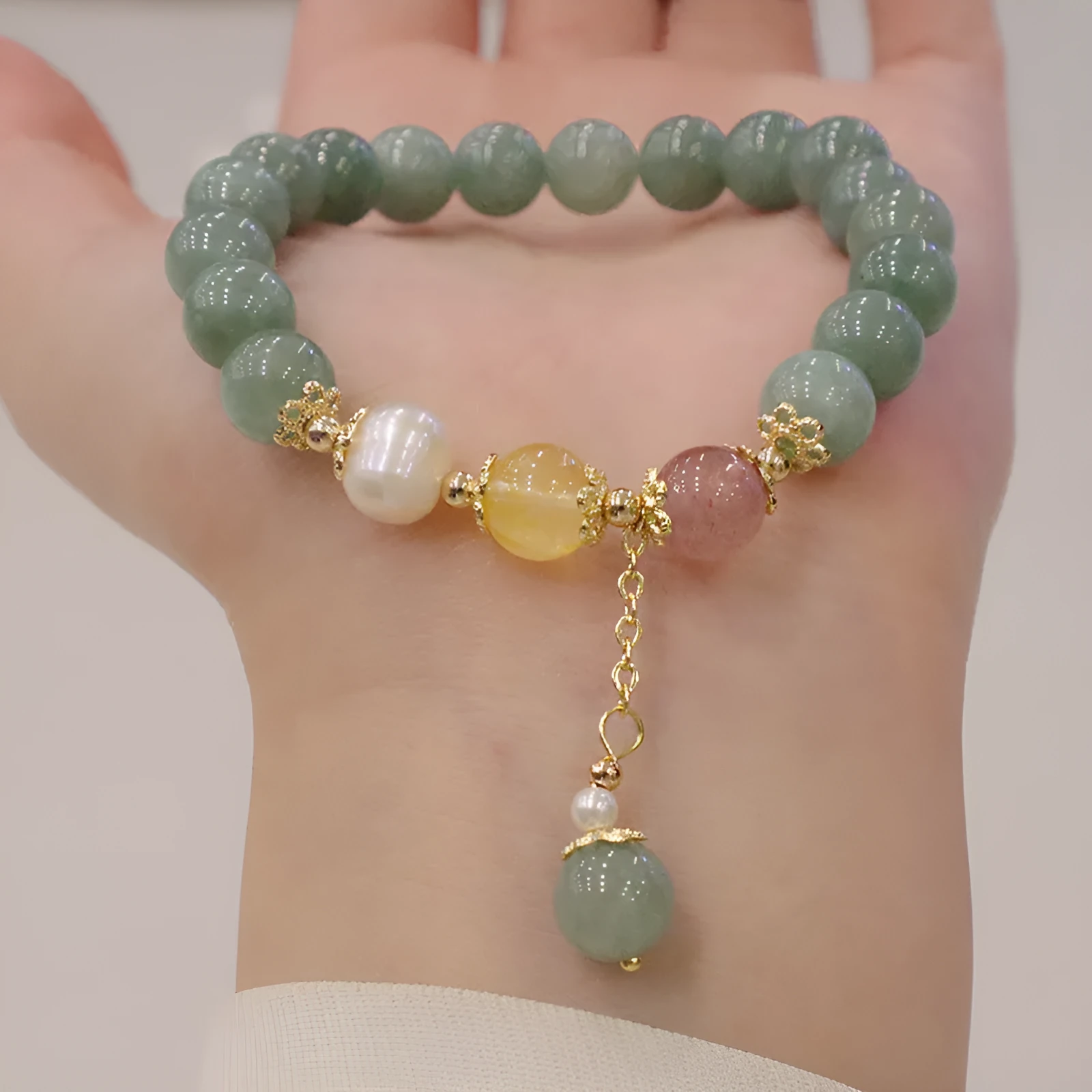 Myanmar jade geometric bead bracelet with pearl accents and three-dimensional Han-style decoration