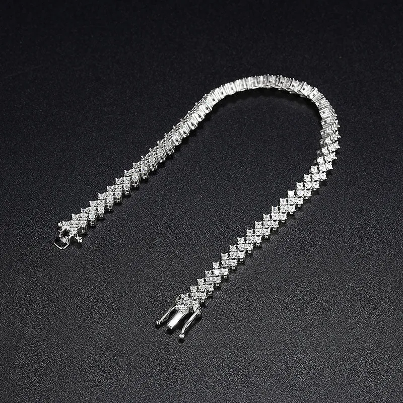 Silver plaid bracelet for women with moissanite stone on neutral background showing woven pattern and clasp
