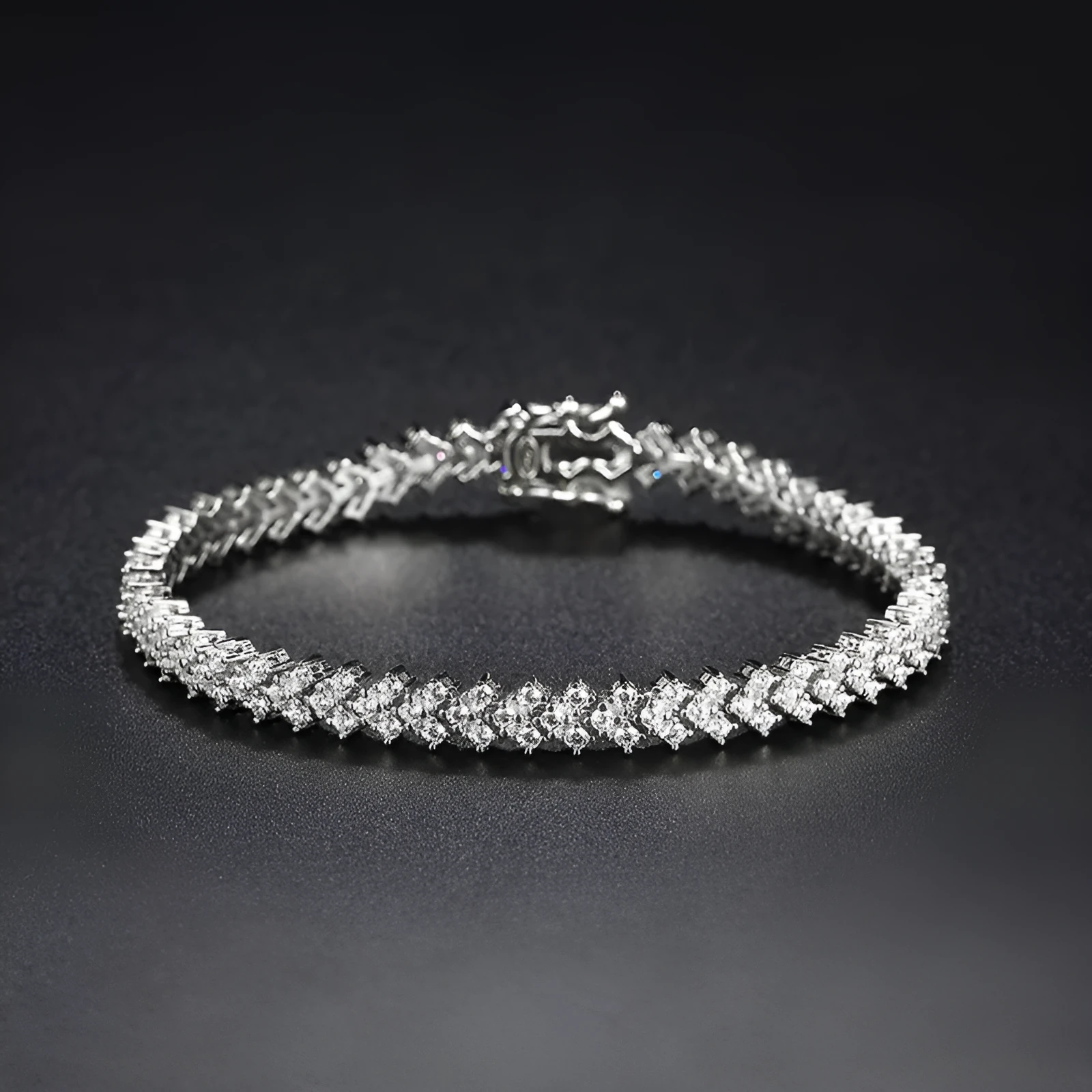 Silver plaid bracelet for women with moissanite stone on neutral background showing woven pattern and clasp