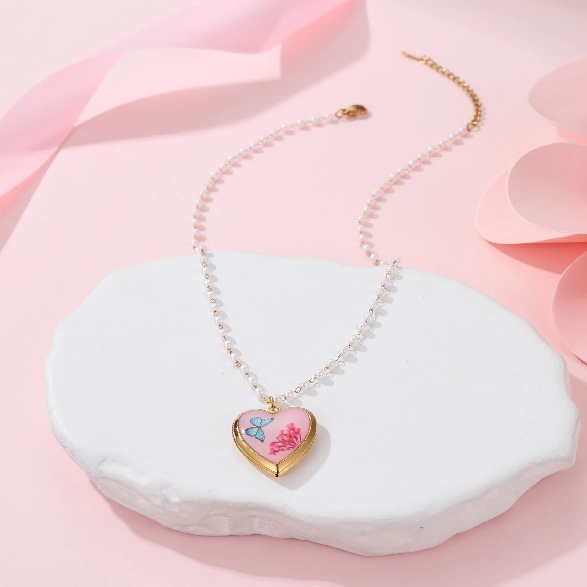 18K gold electroplated stainless steel love photo box necklace on display, geometric pendant, four colour options available