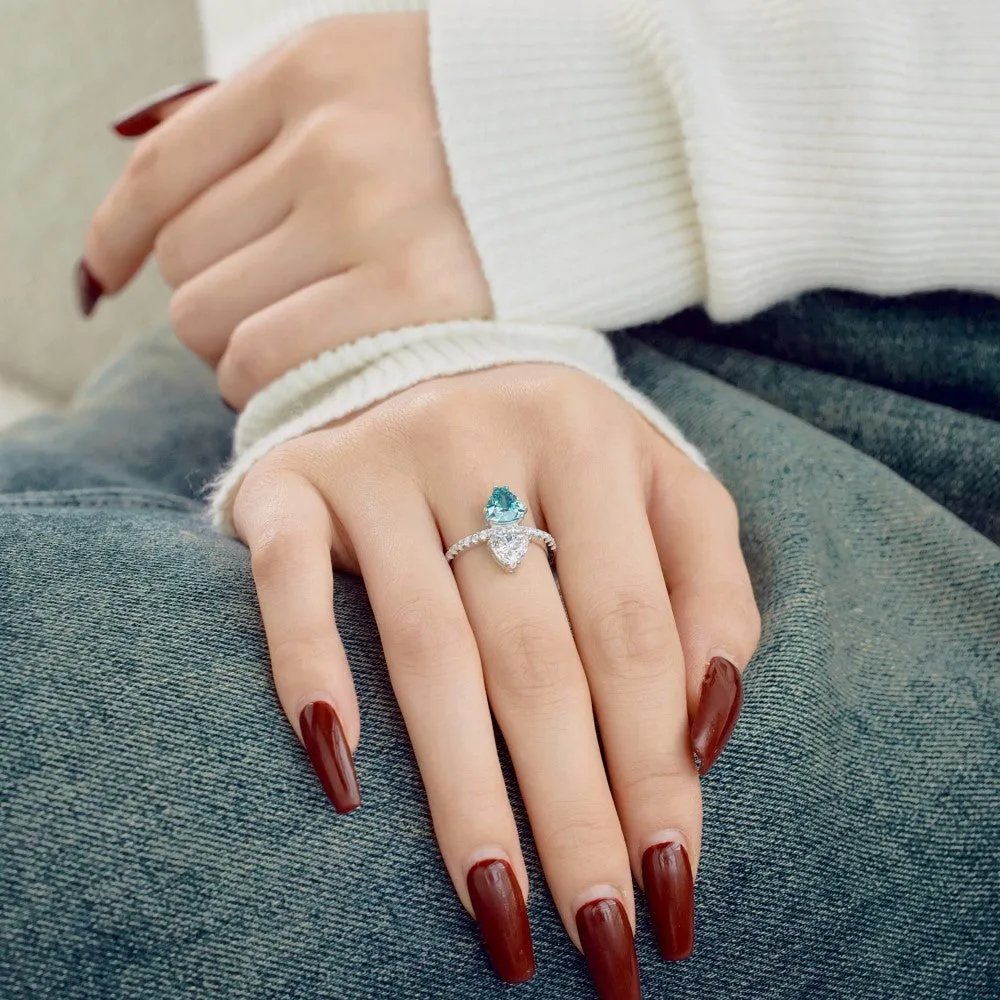 Sterling silver geometric ring with two-colour zircon inlay, Platinum Blue Diamond colour, on white background