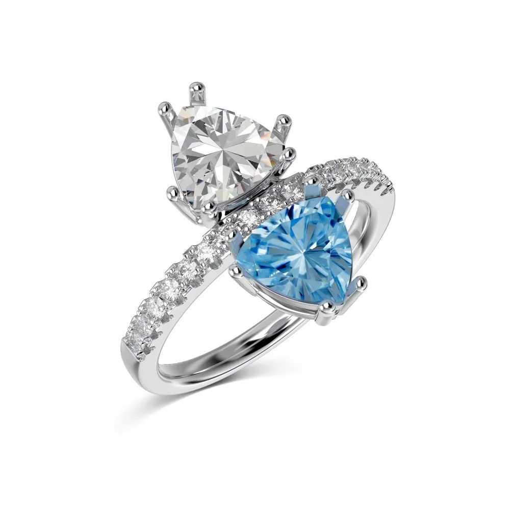 Sterling silver geometric ring with two-colour zircon inlay, Platinum Blue Diamond colour, on white background