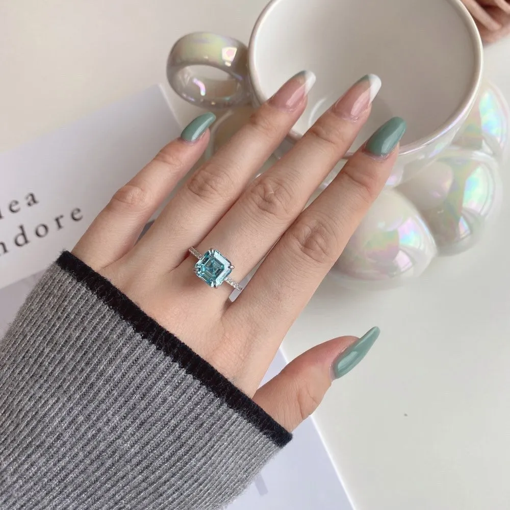 S925 silver ring with 4 karat square pagoda cut aquamarine stone in geometric style