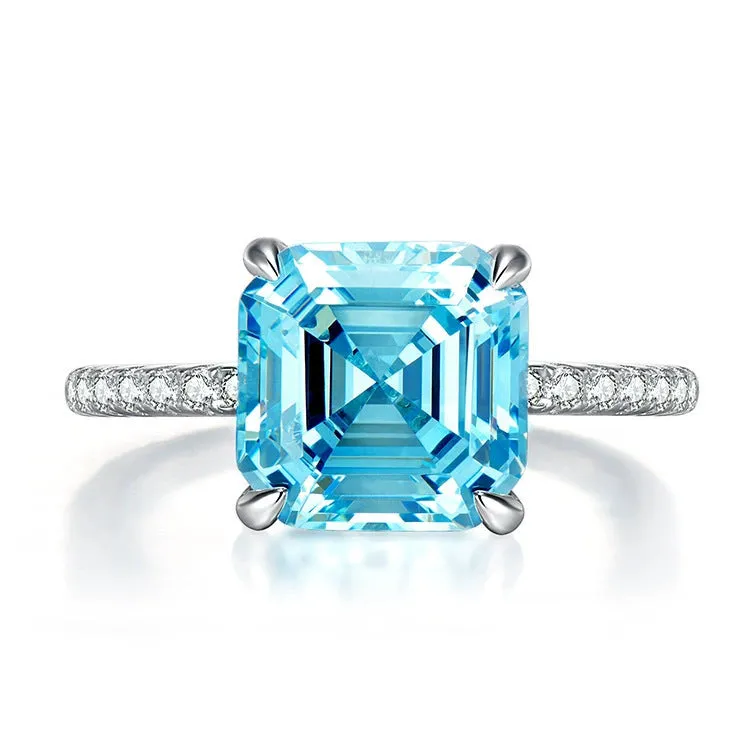 S925 silver ring with 4 karat square pagoda cut aquamarine stone in geometric style