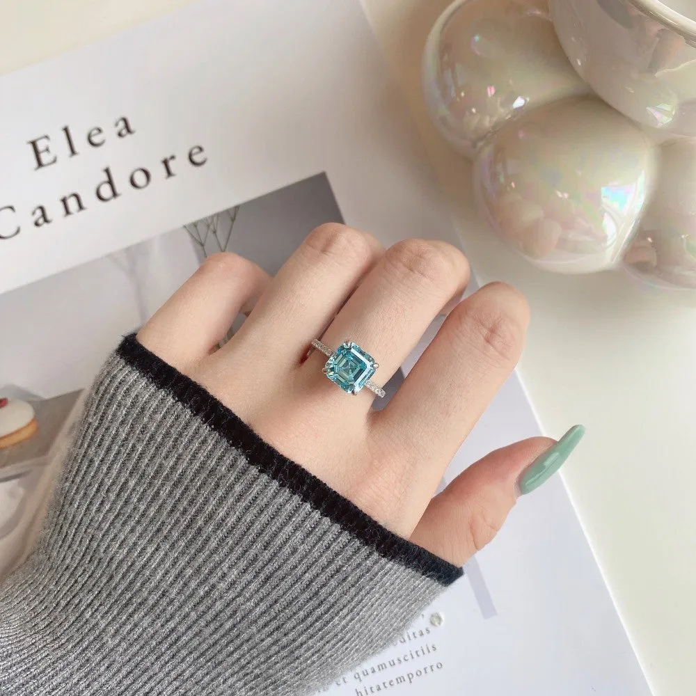 S925 silver ring with 4 karat square pagoda cut aquamarine stone in geometric style